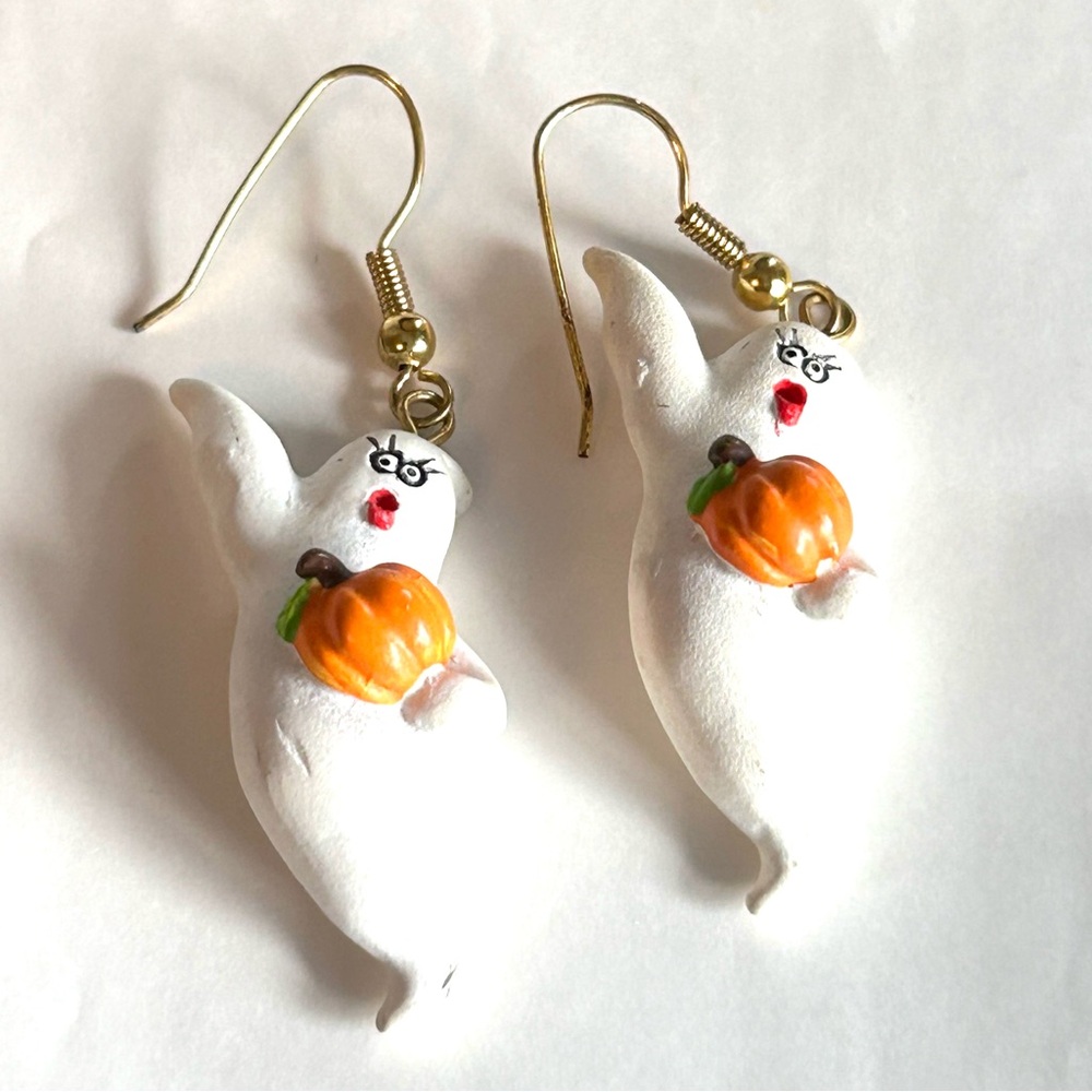 Vintage Ghost With Pumpkin Dangle Earrings Pierced Hook Halloween